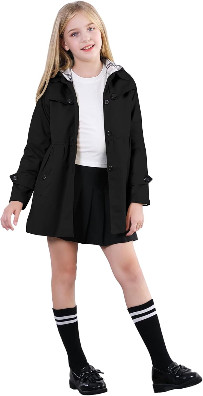 Cromoncent Girl's Rain Jackets Waterproof Hoodie Trench Coat Cute Dress Coat Outerwear, 3-12 Years