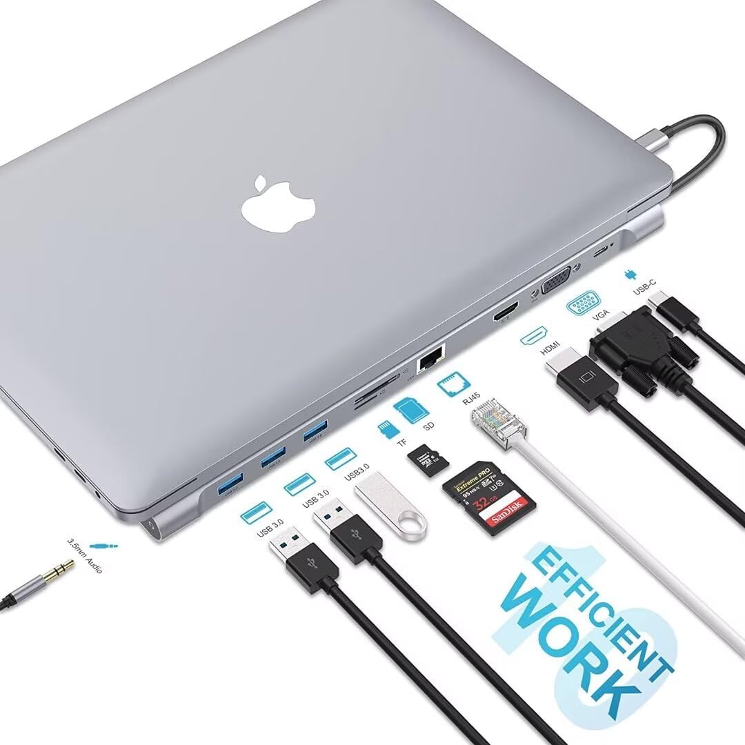 Hub USB C, stacja dokująca 10 w 1, 4K 30 Hz USB C HDMI, VGA, 3 porty USB 3.0, 5 Gbps, czytnik SD/TF, Ethernet RJ45, mikrofon/audio, uchwyt do ładowania laptopa typu C 100 W