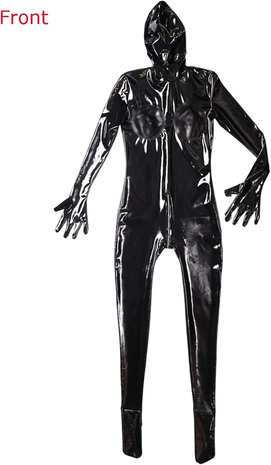 Men's Shiny Wetlook PVC Leather Catsuit Back with Zipper Handmade Full Bodysuit Clubwear Attached Gloves