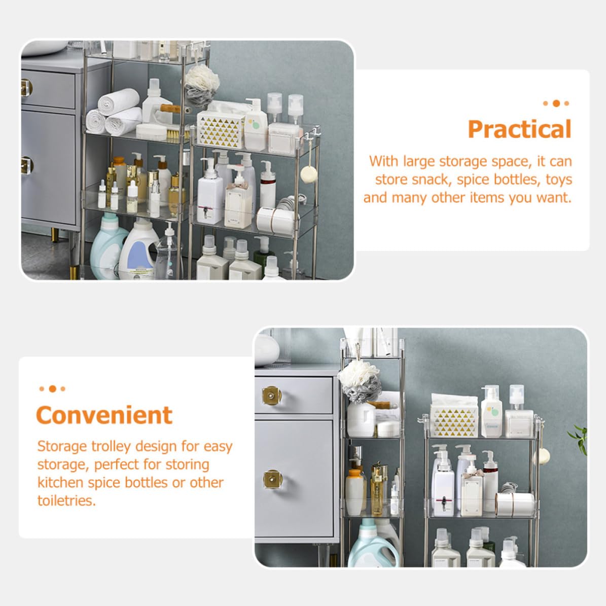 NUOBESTY Rolling cart organizer cucina a 3 livelli, PET trasparente, con ruote, scaffale salvaspazio per balcone