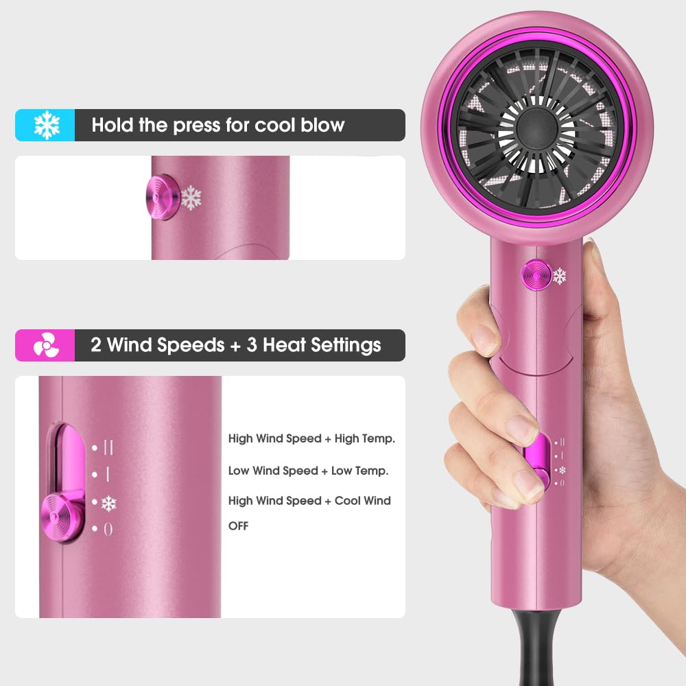 Haartrockner Ionen 2400W Föhn Fön mit 3 Aufsätze &Reisebeutel&Halter, Rosa | Föhn Fön Schnelltrocknen [leicht & kompakt] Profi Reisefön mit Heiß-/Kalttaste, 3 Heiz,3 Geschwindigkeiten / Salon Haarföhn