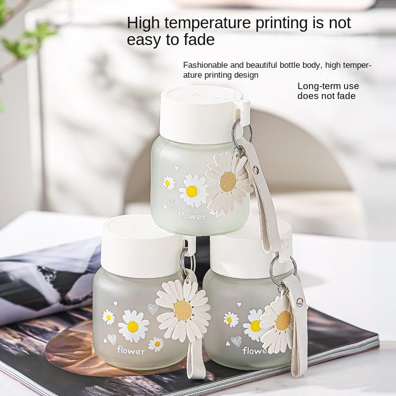 Image of Cute Daisy Flower Water Bottle With Lid And Keychain, 350 ML, Set Of 2 Leak-Proof Reusable Juice, Coffee, Milk, Smoothies, Tea, Mini Glass Drink Bottle For Kids, Office, Travel & Gifting