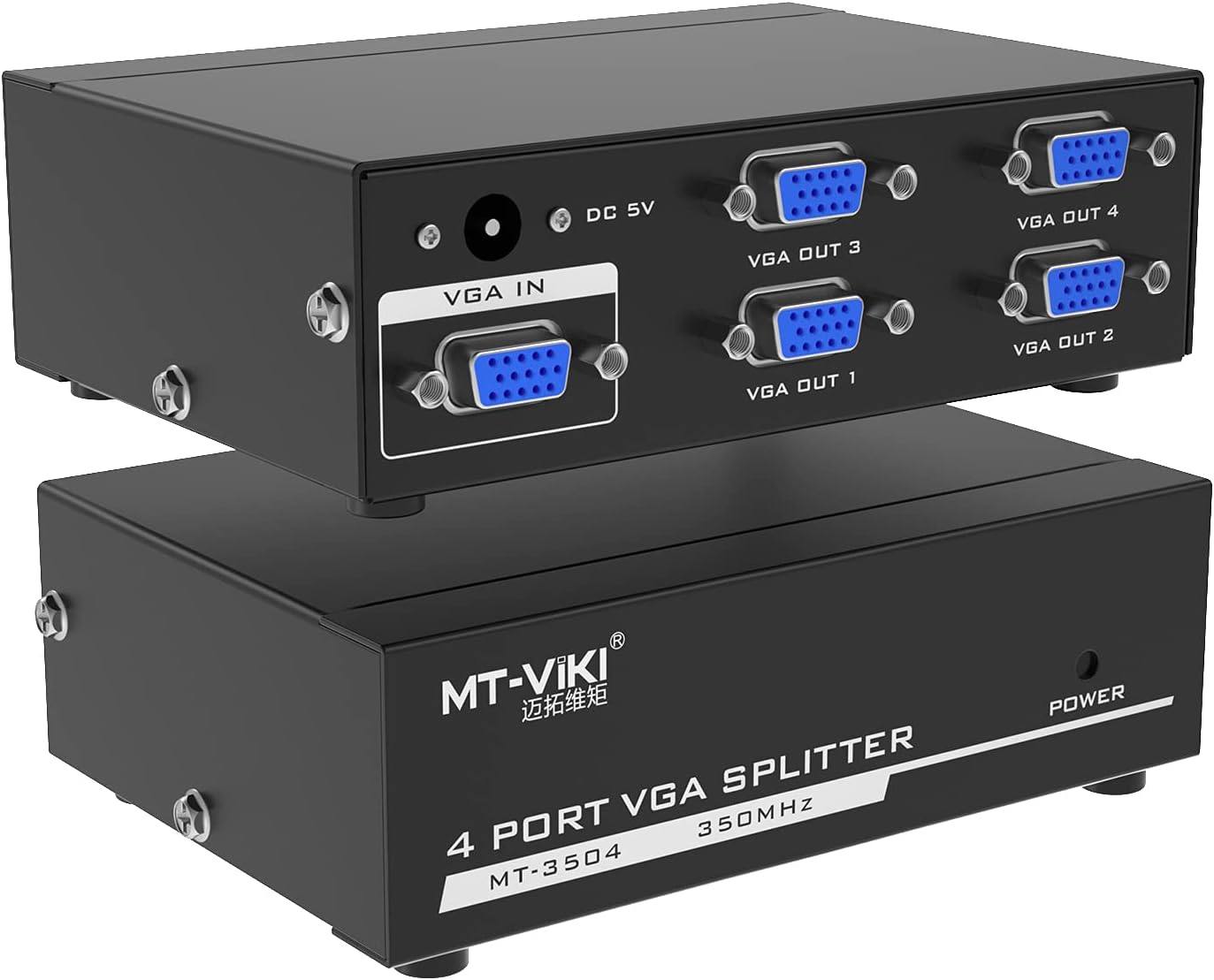 MT-VIKI 4 Port Powered VGA Splitter 1 in 4 Out 350Mhz Video Distribution Duplicator for 1 PC to 4 Monitors Projector