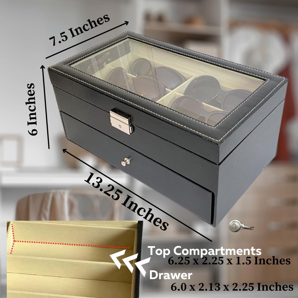Evelots Eye Glass Case - Sunglasses Organizer Box - 8 or 12 Slot - No Scratch Lining Tray - Vegan Leather - Clear Acrylic Lid