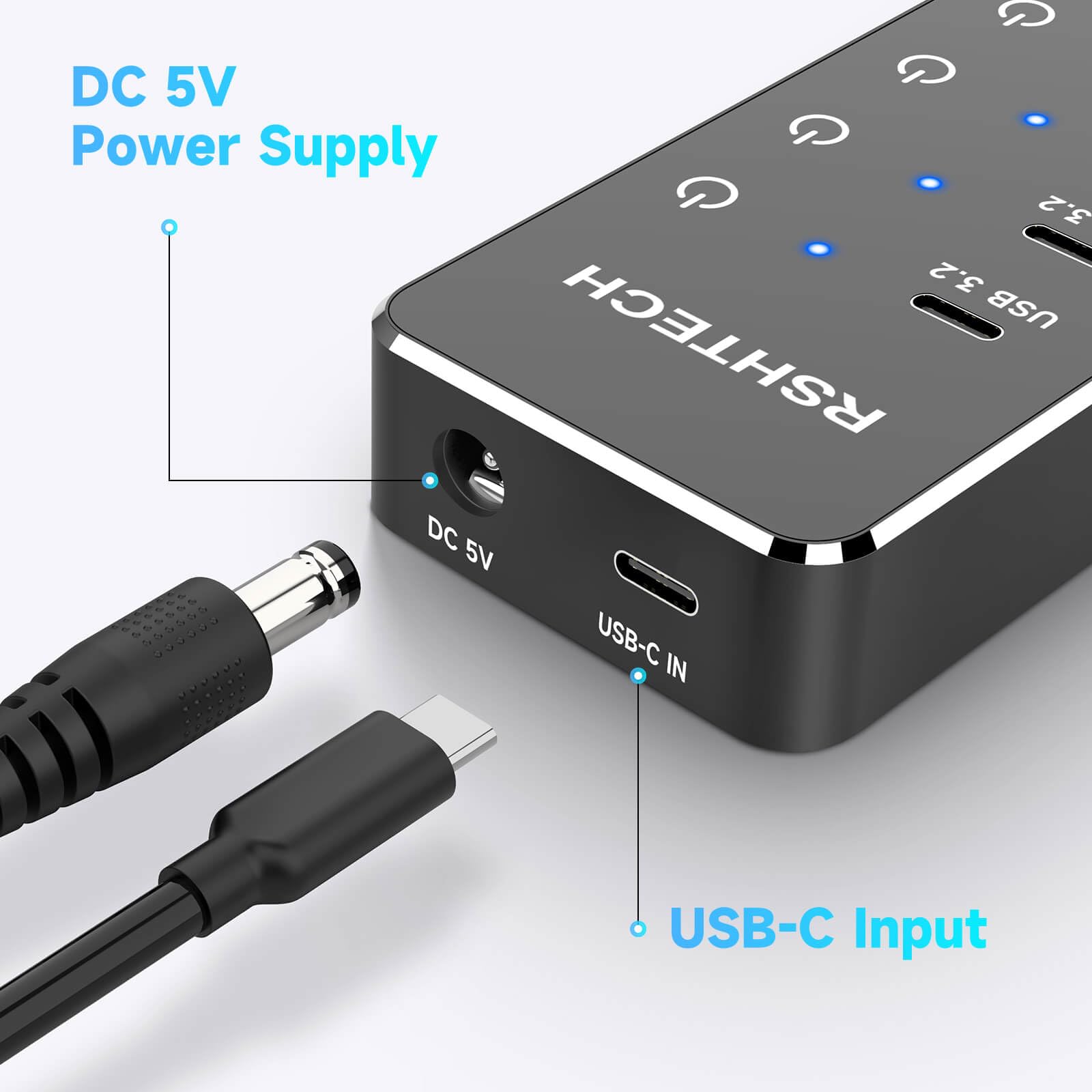 RSHTECH - Divisor de concentrador USB 3.2/USB-C de 7 puertos con 3 puertos USB 3.2 de 10 Gbps (2C + 1A), 4 puertos USB-3.0 (2C + 2A), cable de 3.2 pies, interruptores táctiles y adaptador de corriente