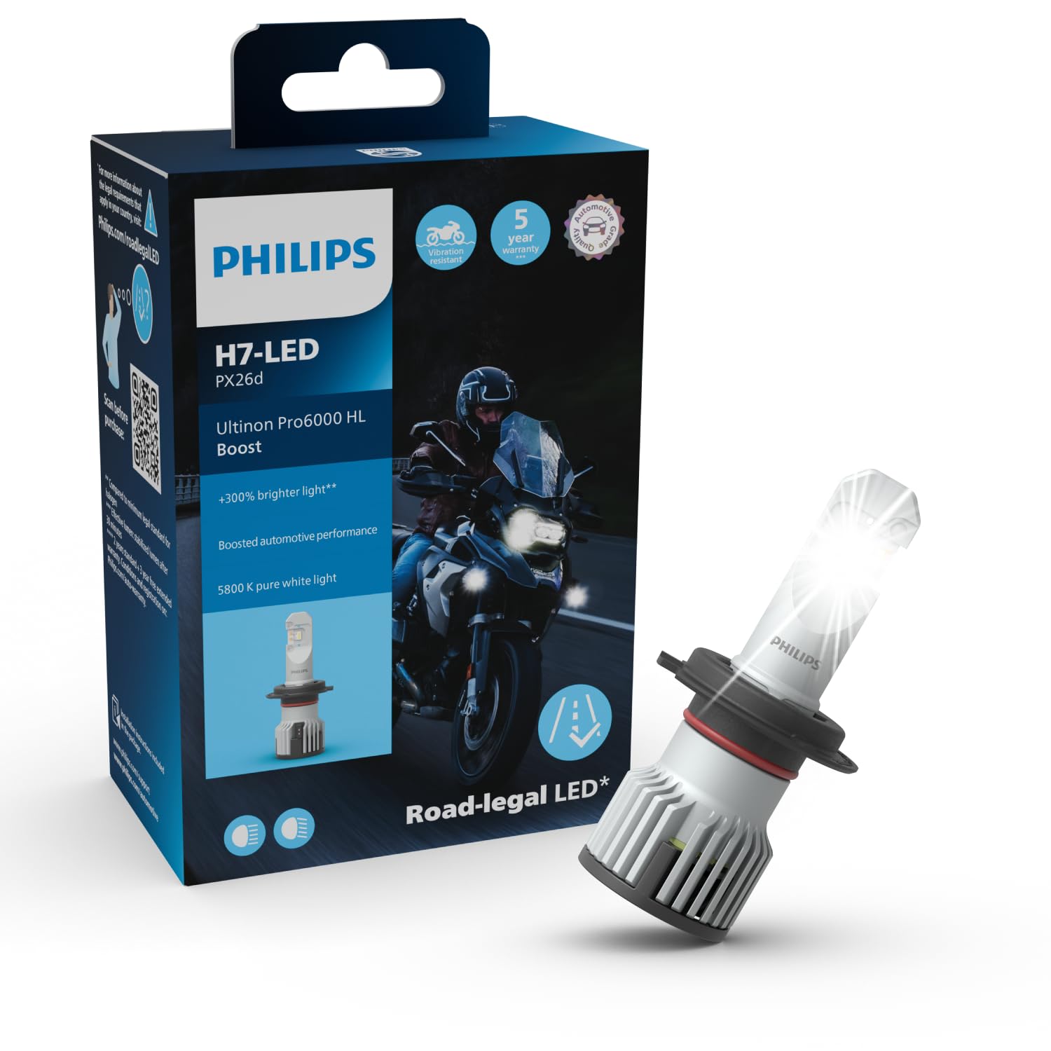 Philips Ultinon Pro6000 Boost Moto H7-LED, lampadina LED omologata*, fino al 300% di luminosità in più**, 5.800K