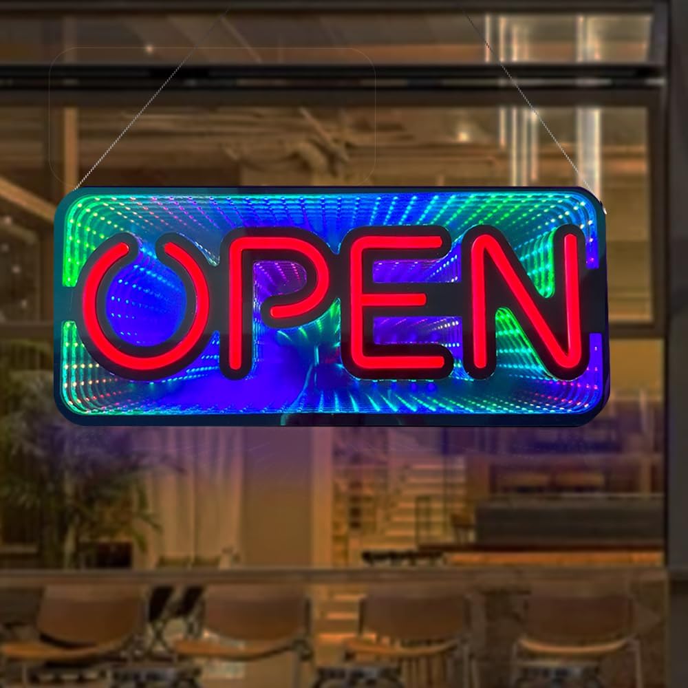 3D 19 inch Open Neon Sign, Double-Sided Infinity Thousands Layer Mirror Color Changing Light for Pizzeria Decoration Kitchen Restaurant Bar Ad Lights (Color-Changing OPEN)