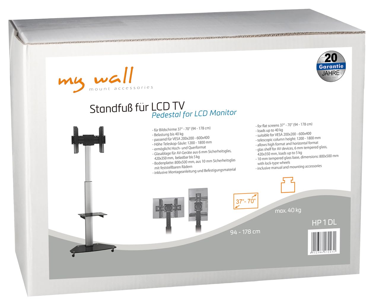 mywall HP1DL TV-Rollwagen Standfuß für Flachbildschirm 37" - 70" (94 - 178 cm) bis 40Kg silber VESA 200x200 - VESA 600 x 400 Drehbar 20 Jahre Garantie