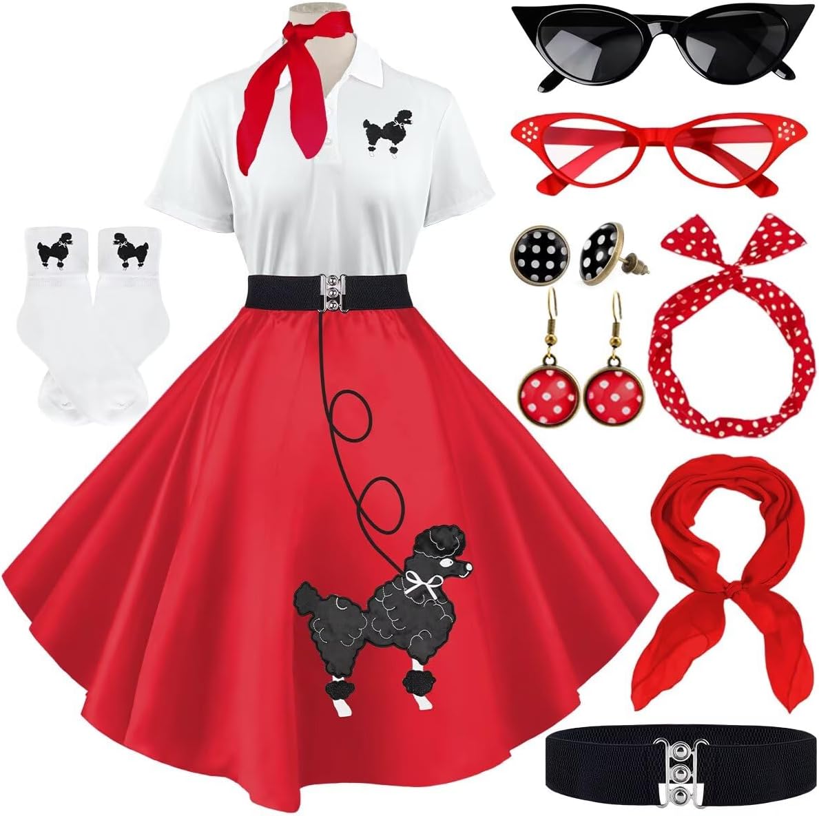 Sock Hop Outfits Women, 1950s Poodle Dresses, Polo Shirt with 50s Accessories Socks Scarf Headband Belt 10Pcs