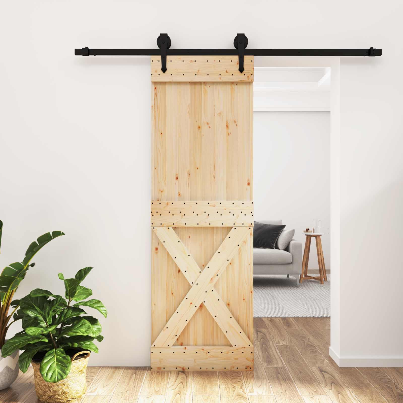 Porta scorrevole in pino massiccio, 70 x 210 cm, naturale e nero