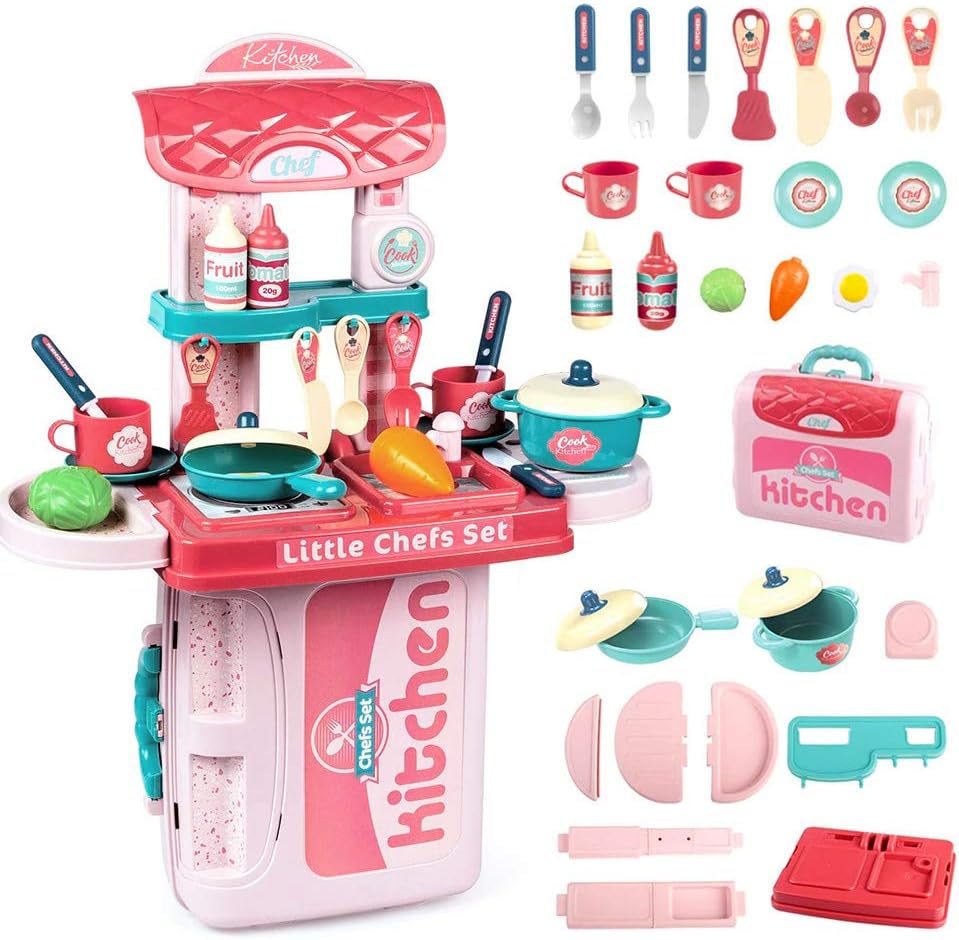 iHizbor Kids Kitchen Playset, Pink Kitchen with Suitcase, Play Kitchen Set Pink Kids Kitchen Playset 32- Pieces Kitchen Accessories Set,Great Educational Toy Gifts for Girls (Pink)
