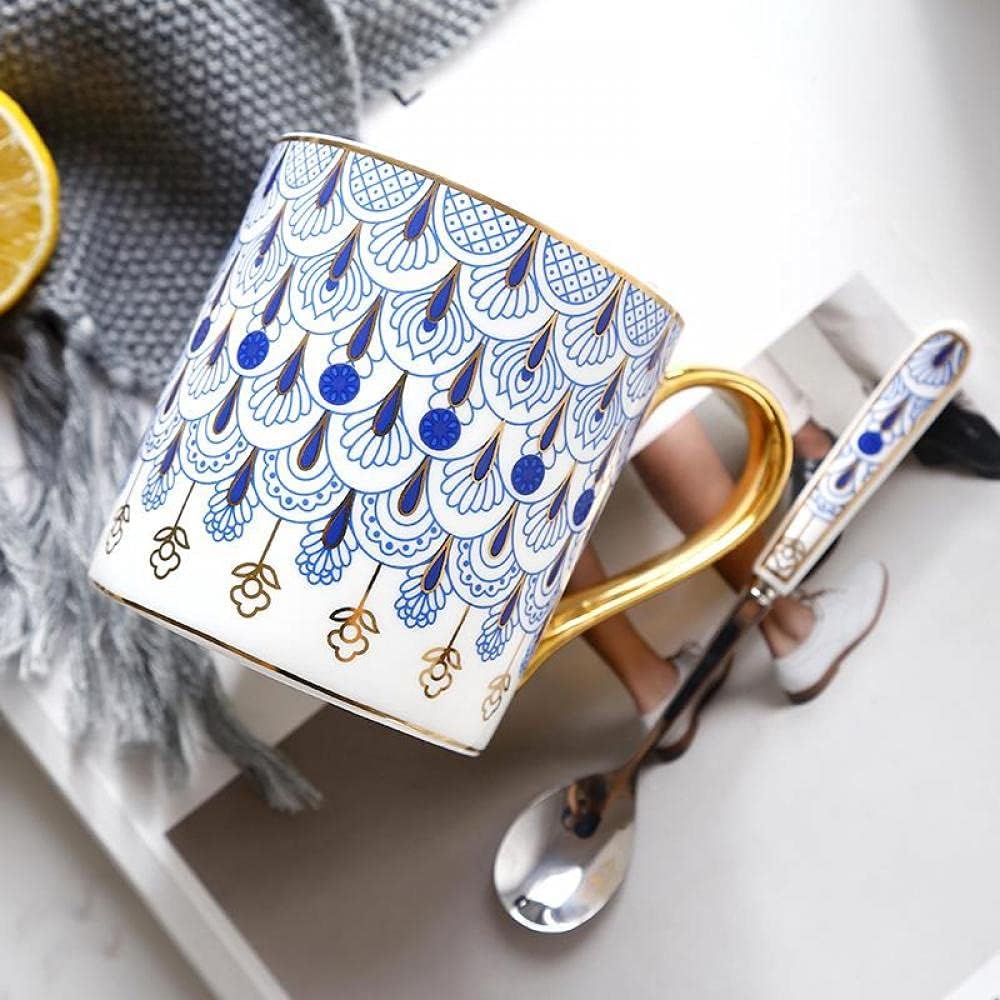 CHOOLD 4pcs British Style Blue Floral Porcelain Coffee Mug with Golden Handle Spoon - 12 oz