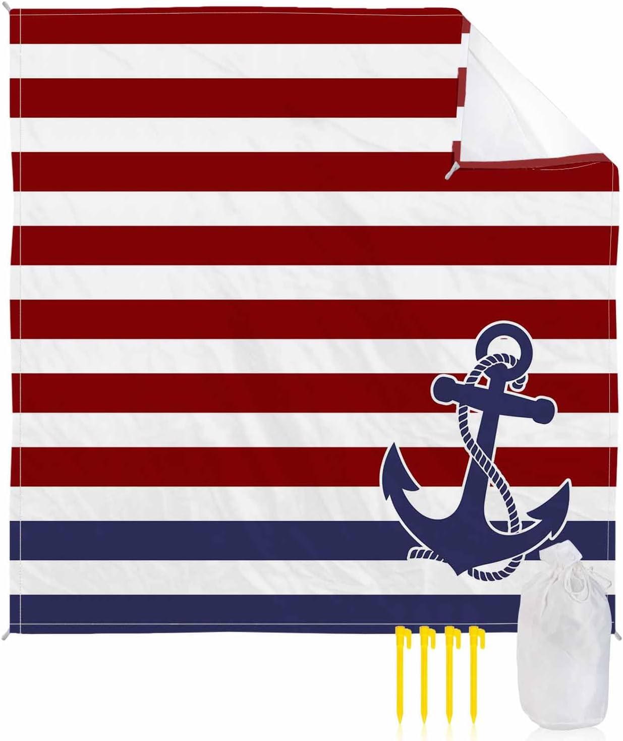 Retro Navy Blue Anchor Nautical Beach Blanket Extra Large 108x84in Outdoor Waterproof Sandproof Picnic Blankets with Stakes Lightweight Beach Mat for Camping Travel Hiking,Classic Red White Stripes