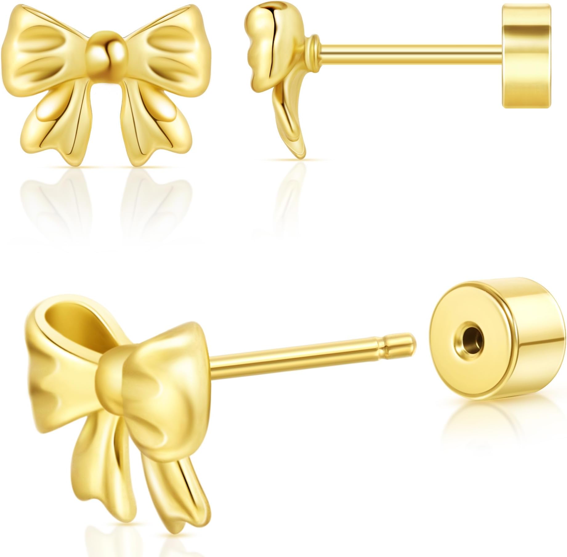 Sweetkiki Flat Back Earrings, Star Bow Evil Eye Stud Earrings in 14K Gold Plated Hypoallergenic | Cartilage Earring | Tragus Helix Piercing Jewelry | Threadless Push in Flatback Nap Earrings for Women