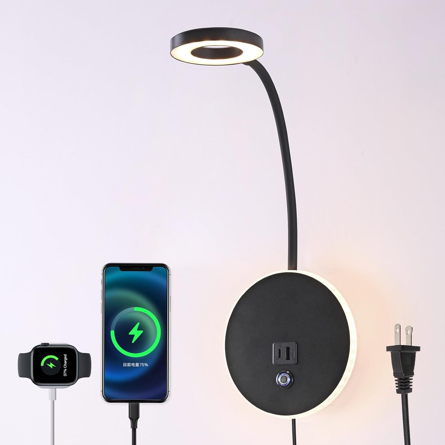 Stepless Dimmer Plug in Gooseneck Wall Lights with Touch Switch LED Bedside Lamp Bedroom Wall Mounted Reading Light with USB C+A Port Wall Sconce 3000K (Black)