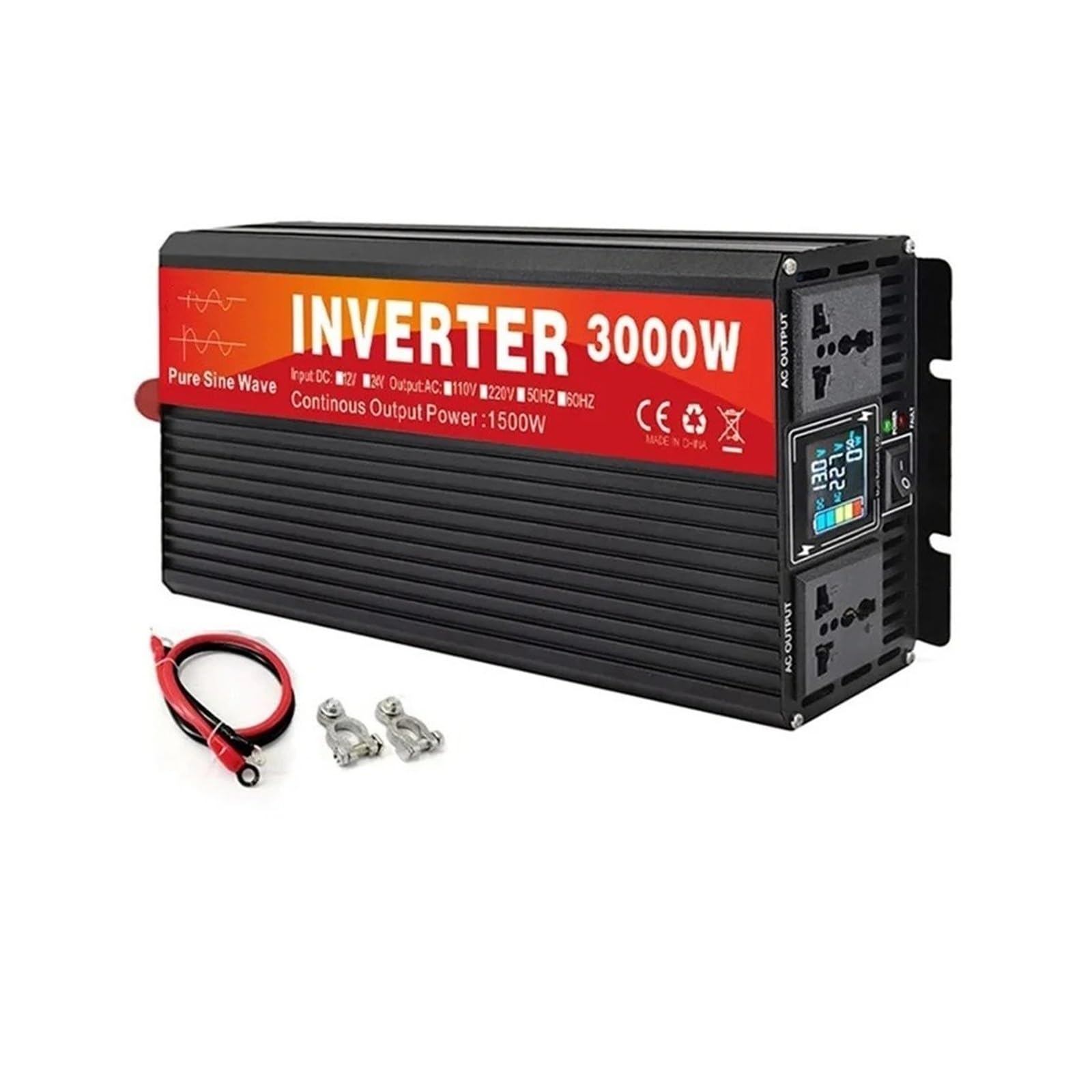 POWERinvert Onduleur Voiture 3000 W À Onde Sinusoïdale Double Prise Écran LCD Convertisseur Tension CC 12 V 24 V vers CA 220 V(12V,110V 60HZ,Universal)