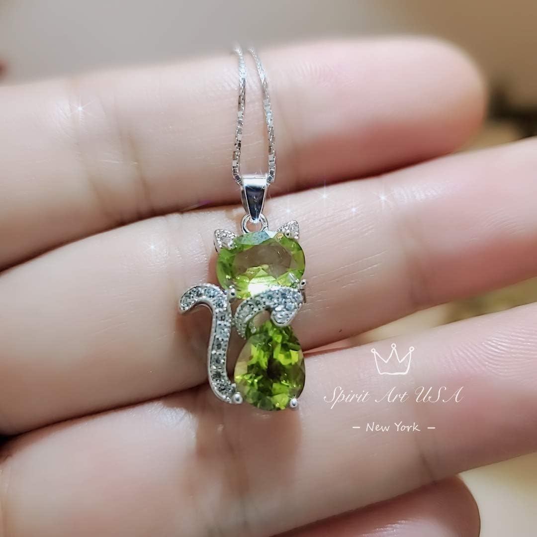 Genuine Peridot Necklace Sterling Silver Cat Kitty Necklace, Natural Green Peridot Pendant, 925 Silver Heart Chakra Pedridot Jewelry