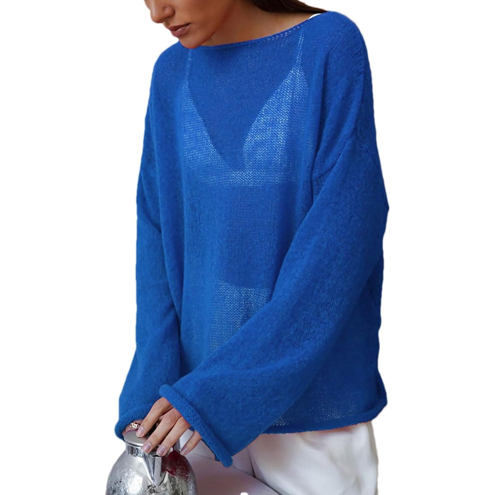 Lierolye Women's Royal Blue Sheer Mesh Knit Jumpers Lightweight See-Through Oversized Sweater Casual Long Sleeve Hollow Pullover Top(,M)
