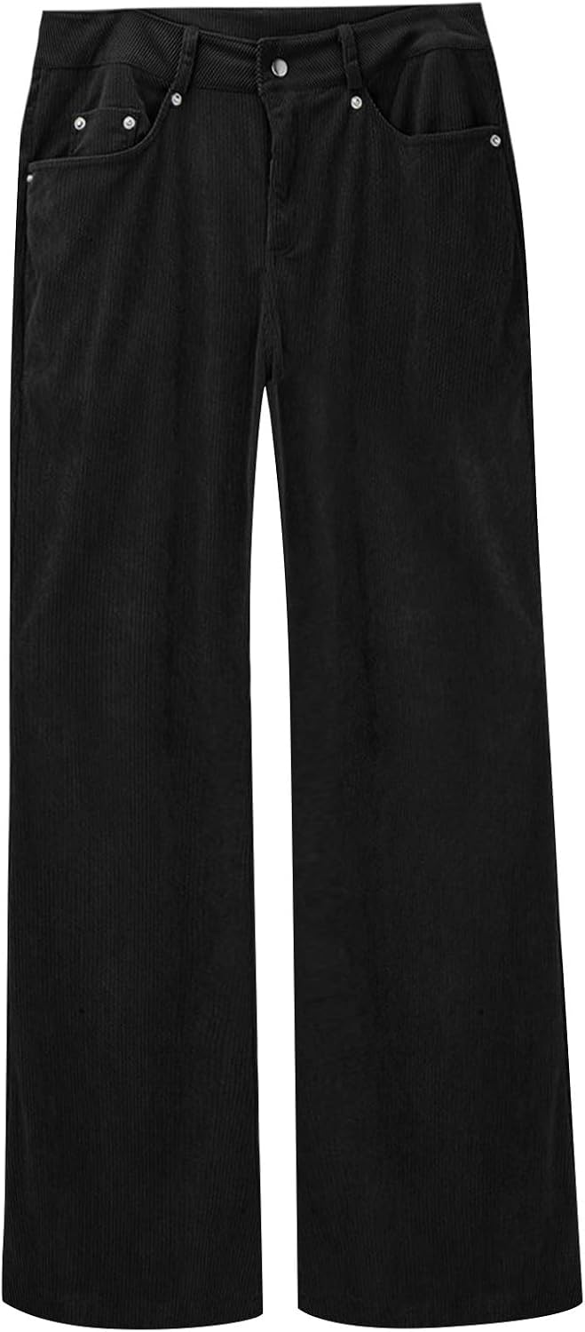 Corduroy Pants for Women Wide Leg High Waist Loose Comfy Trousers Casual Soft Cotton Winter Pant with Pockets