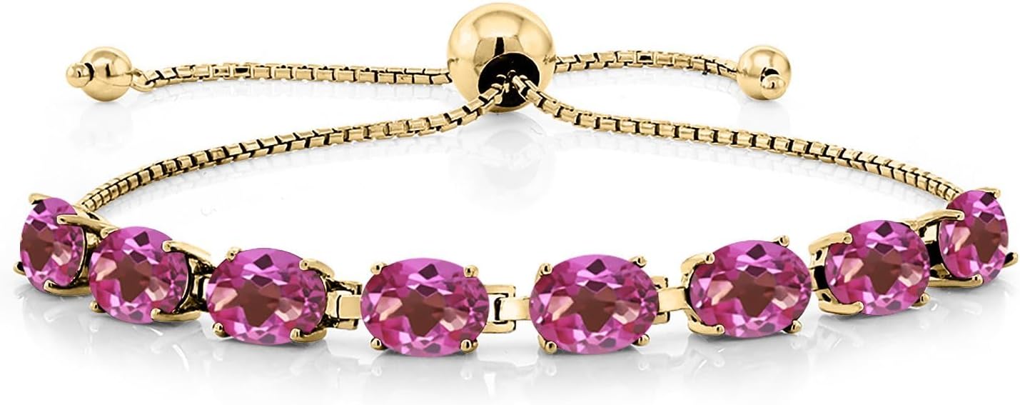 Gem Stone King 18K Yellow Gold Plated Silver 7X5MM Oval Gemstone Birthstone 8-Stone Tennis Bracelet For Women | Bollo Bracelet | Fully Adjustable Up to 9 Inch | Easy-On Easy-Off
