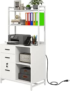 Livofloral Vertical File Cabinet with Charging Station, 3-Drawer Home Office Storage, Lockable, White
