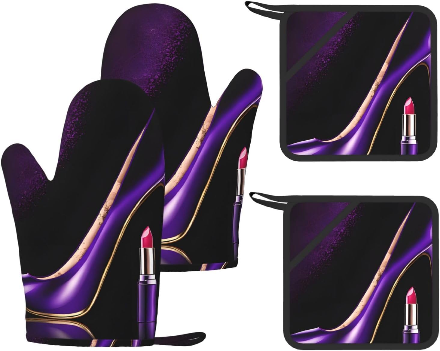 Elegant Purple High Heels with Lipstick 4pcs Oven Mitts and Pot Holders Sets for Kitchen, Silicone Oven Gloves Non-Slip Potholders Hot Pads for Baking Cooking