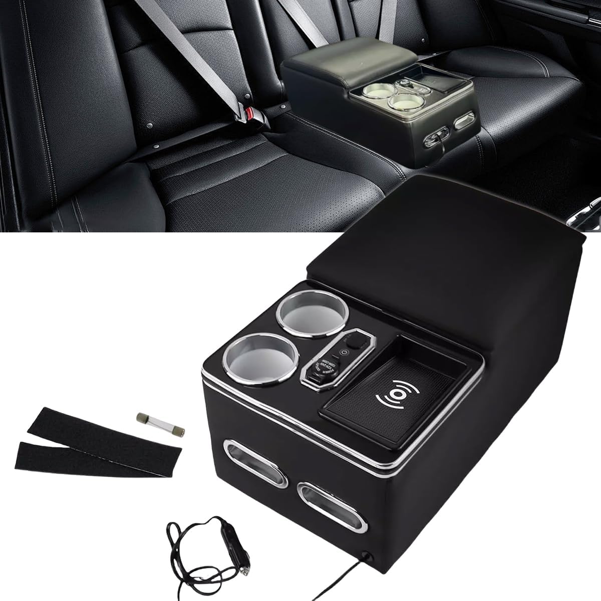 Center Console Armrest Organizer with Wireless Charging Phone Holder & Cup Holders for Car & Minivan & Van Truck Floor Cab Back Bench Seat Storage Box - Black