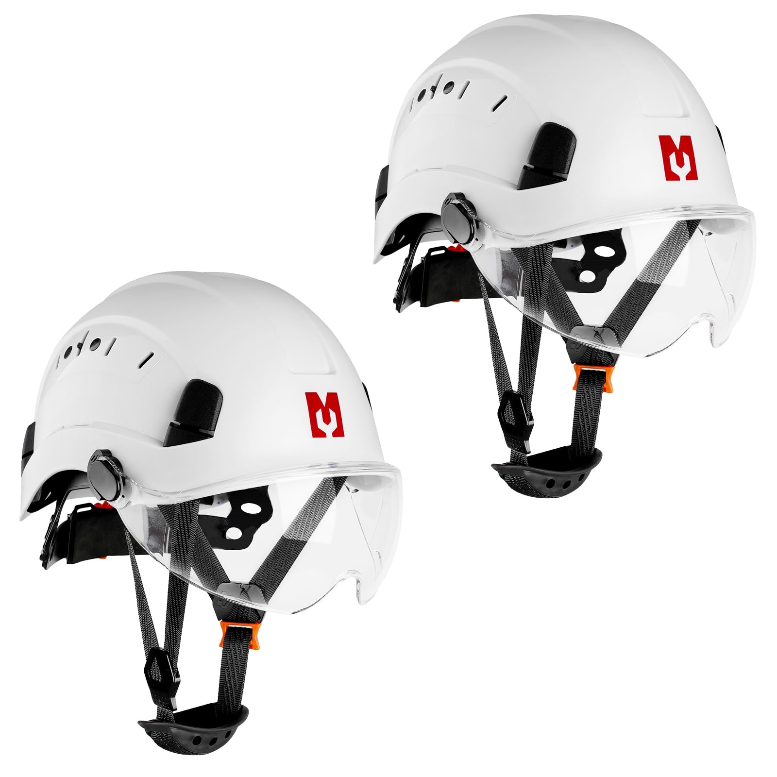 Mustbau Hard Hats with Safety Goggles EN397 Certified Safety Helmet with Chin Strap, Wheel Ratchet Adjust 53-63 cm for Construction, Forestry and Industrial (White-2)