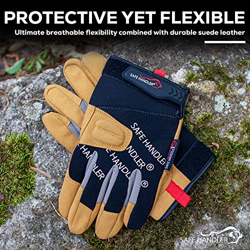 Safe Handler Reinforced Leather Gloves | Suede Leather Padding, Hook & Loop Wrist Strap, Breathable Comfort, L/Xl, 1 Pair (2 Gloves) #TOP2