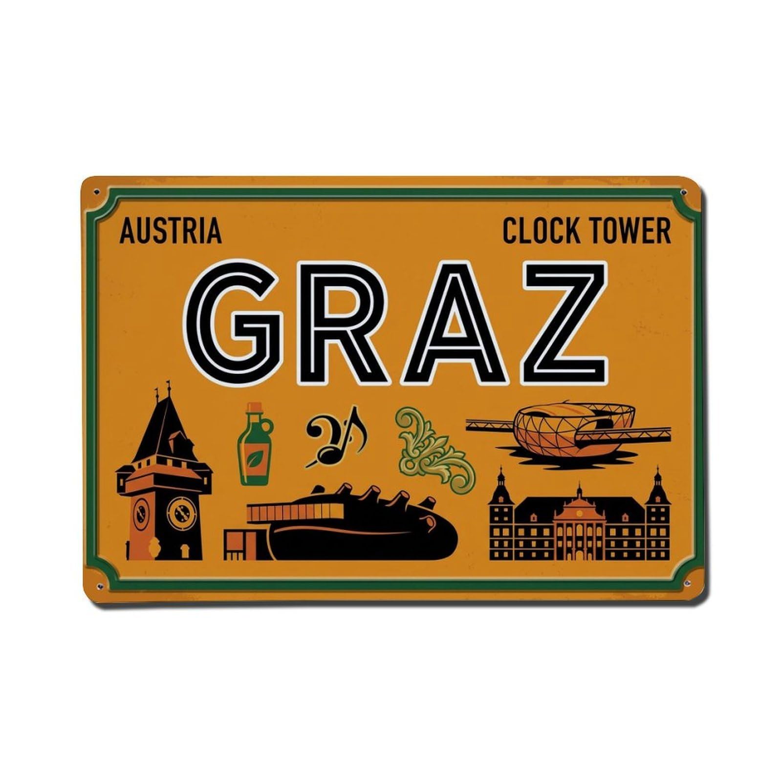 Xanthor Style Vintage Travel Graz Clock Tower Pumpkin Metal Tin Sign