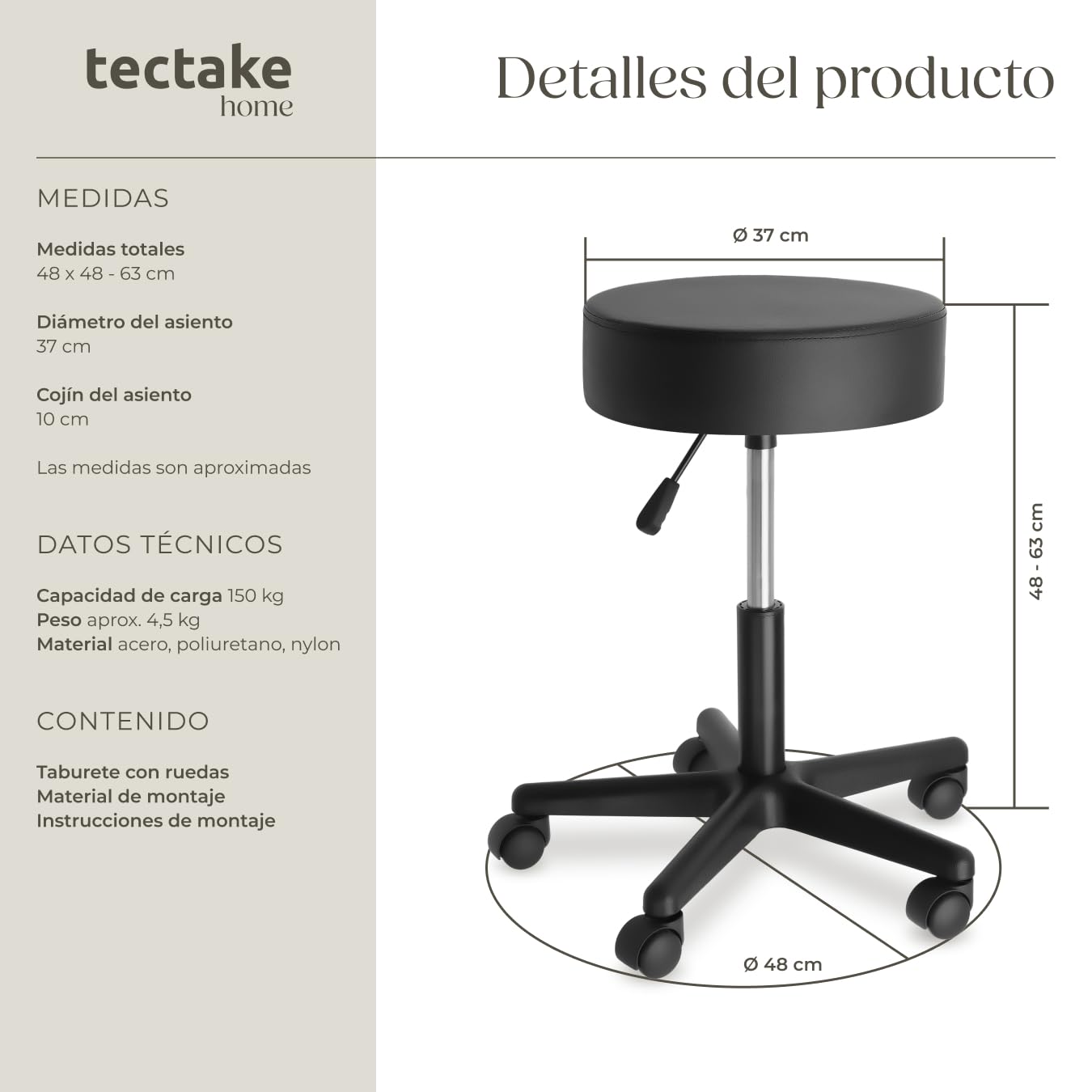 tectake® Taburete Regulable y Giratorio con Ruedas, Ideal como Taburete Cocina, Banqueta o Banquetas Cocina, Cómodo y Práctico para Taburetes con Ruedas - 48 x 48 x 63 cm Negro