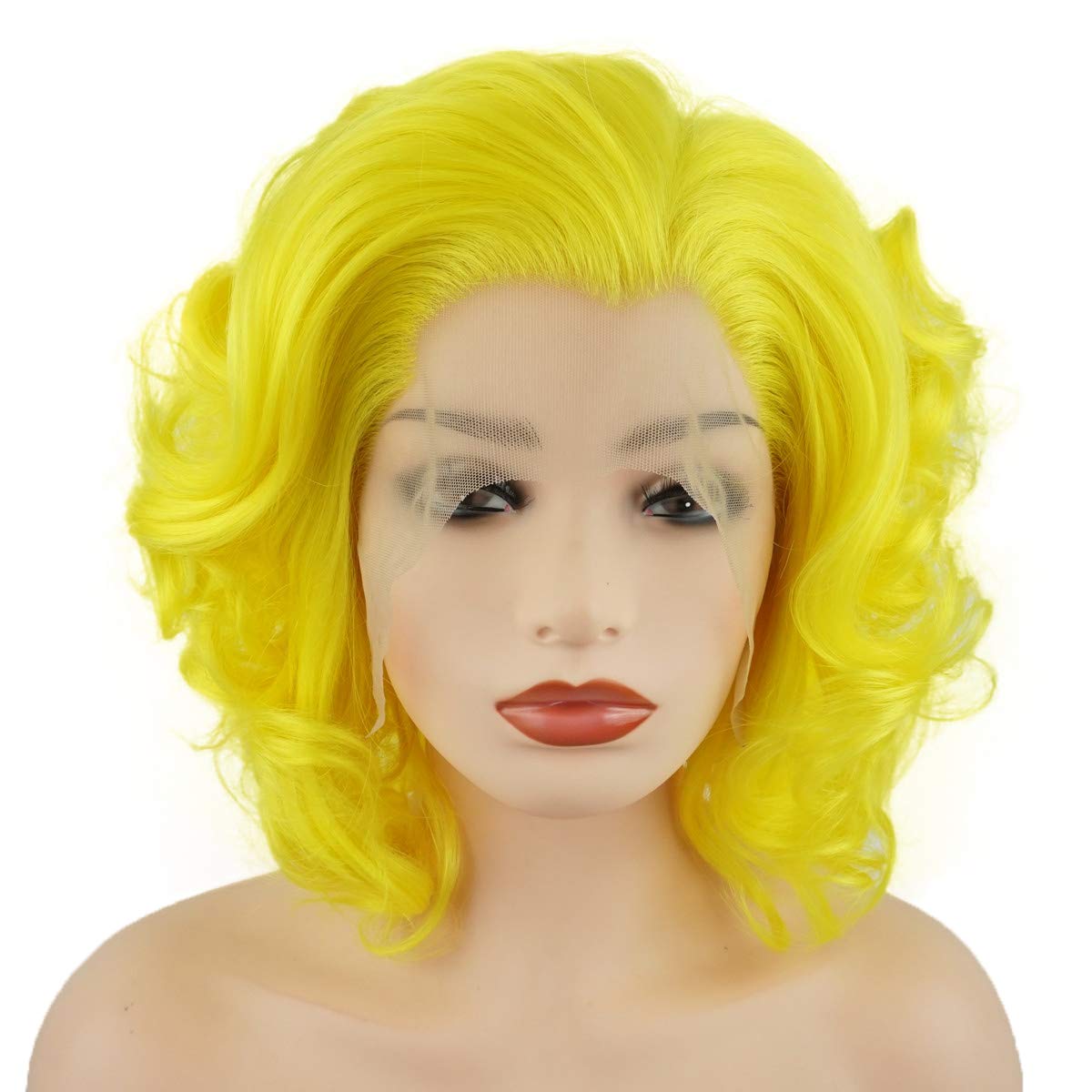 Hair Wavy Short 10inch Golden Heavy Density Half Hand Tied Realistic Synthetic Lace Front Wigs