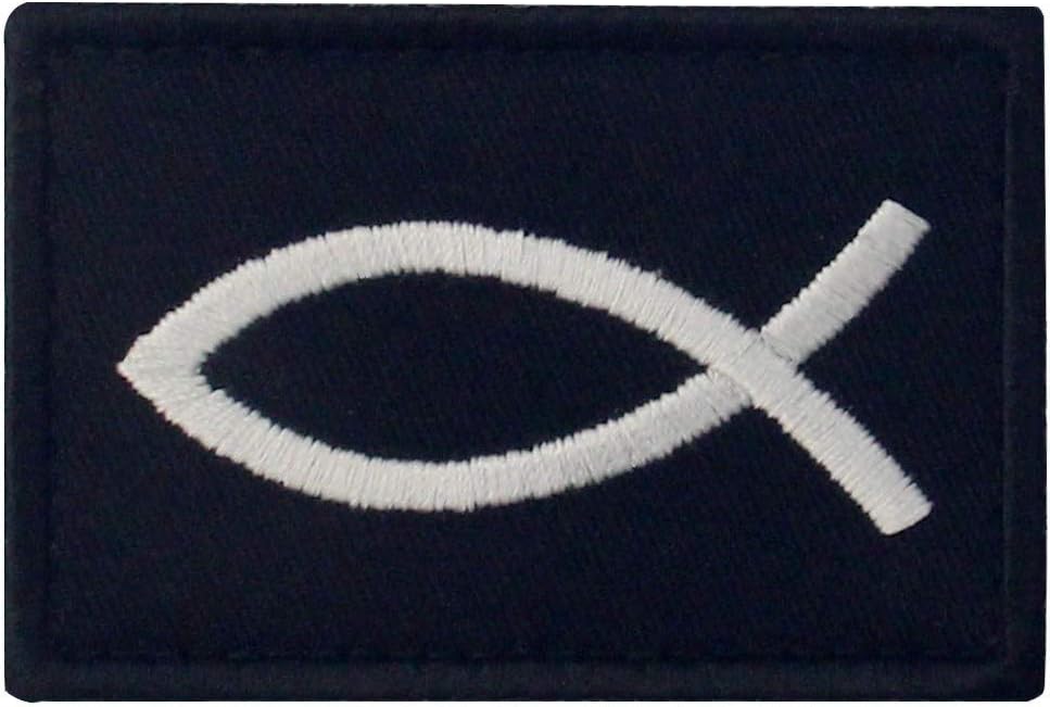 Jesus Fish Ichthys Symbol Patch Tactical Embroidered Morale Applique Fastener Hook & Loop Emblem, White & Black