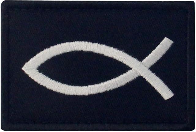 Jesus Fish Ichthys Patch Embroidered Morale Applique Fastener Hook & Loop Emblem - White & Black
