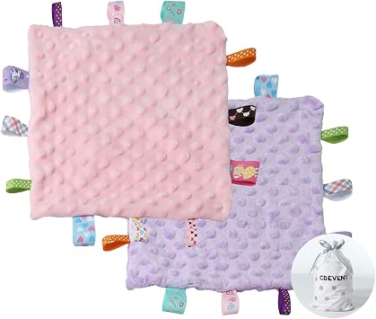CREVENT Tag Security Blankets for Babies, Soft Small Loveys for Girls, Baby Comforter Sensory Blanket, Great Gifts for Birthday Baby Shower 10"X10" Purple+Pink Tag, Crib