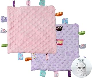 CREVENT Tag Security Blankets for Babies, Soft Small Loveys for Girls, Baby Comforter Sensory Blanket, Great Gifts for Birthday Baby Shower 10"X10" (Purple+Pink Tag, Crib)