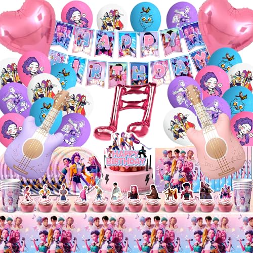 Hunters - Vajilla de cumpleaños, diseño de Huntrix, decoración de cumpleaños, diseño de globos para niños, niñas, cubiertos de fiesta, Hunters Deco Tarta, mantel, toallas, plato y vaso