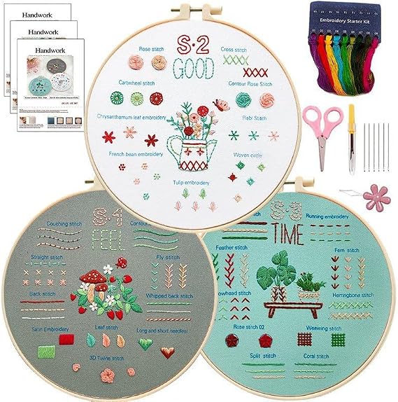 Embroidery Kit for Adult Beginners, 3-Pack Practice Samplers, Pre-Stamped Patterns, 7.8-Inch Hoop, Threads & Needles, Step Guide and Video, DIY Needlework Craft Gift for Women (Grass Needlework)