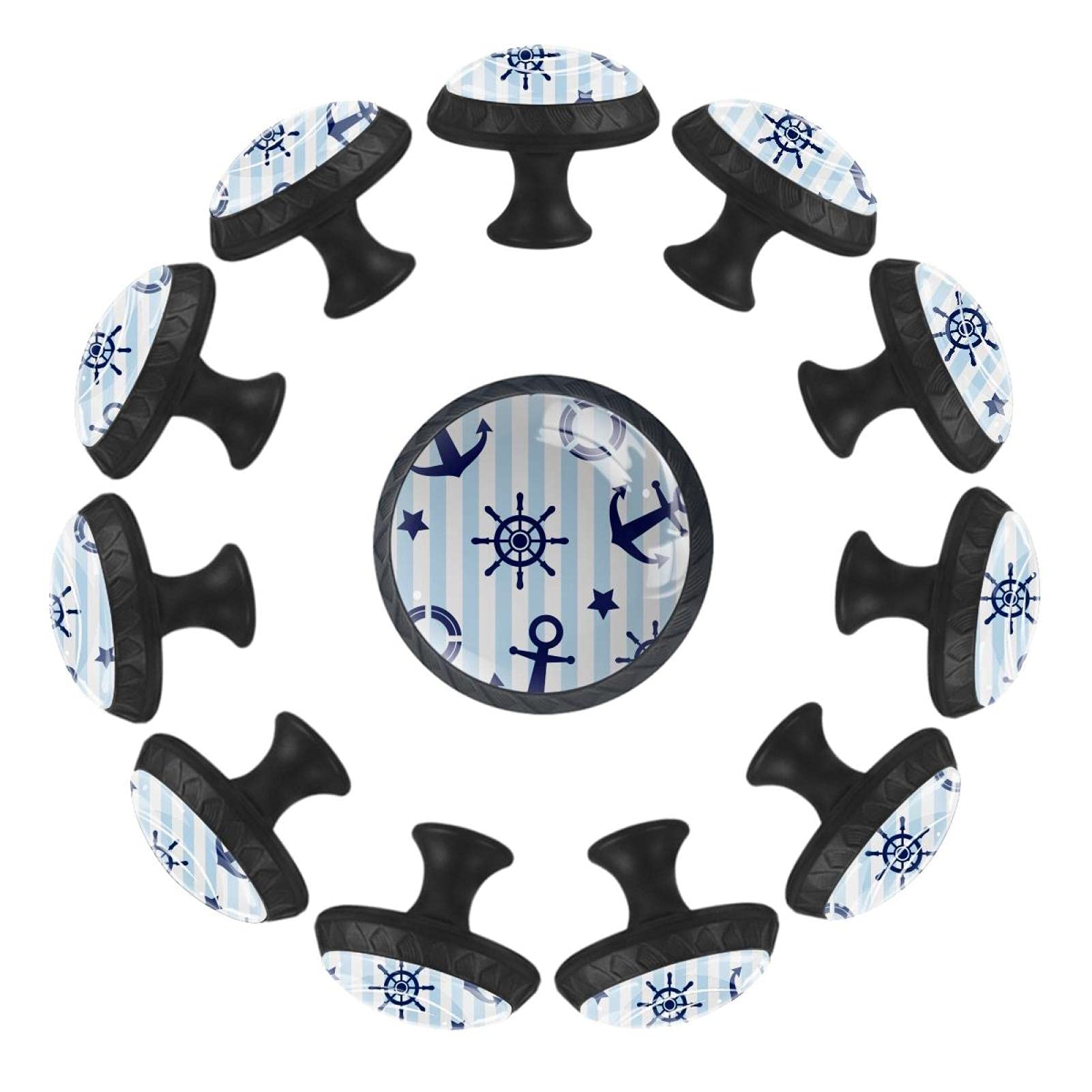 Boutons de tiroir ronds Anchor de 35 mm avec motif à rayures bleu géométrique