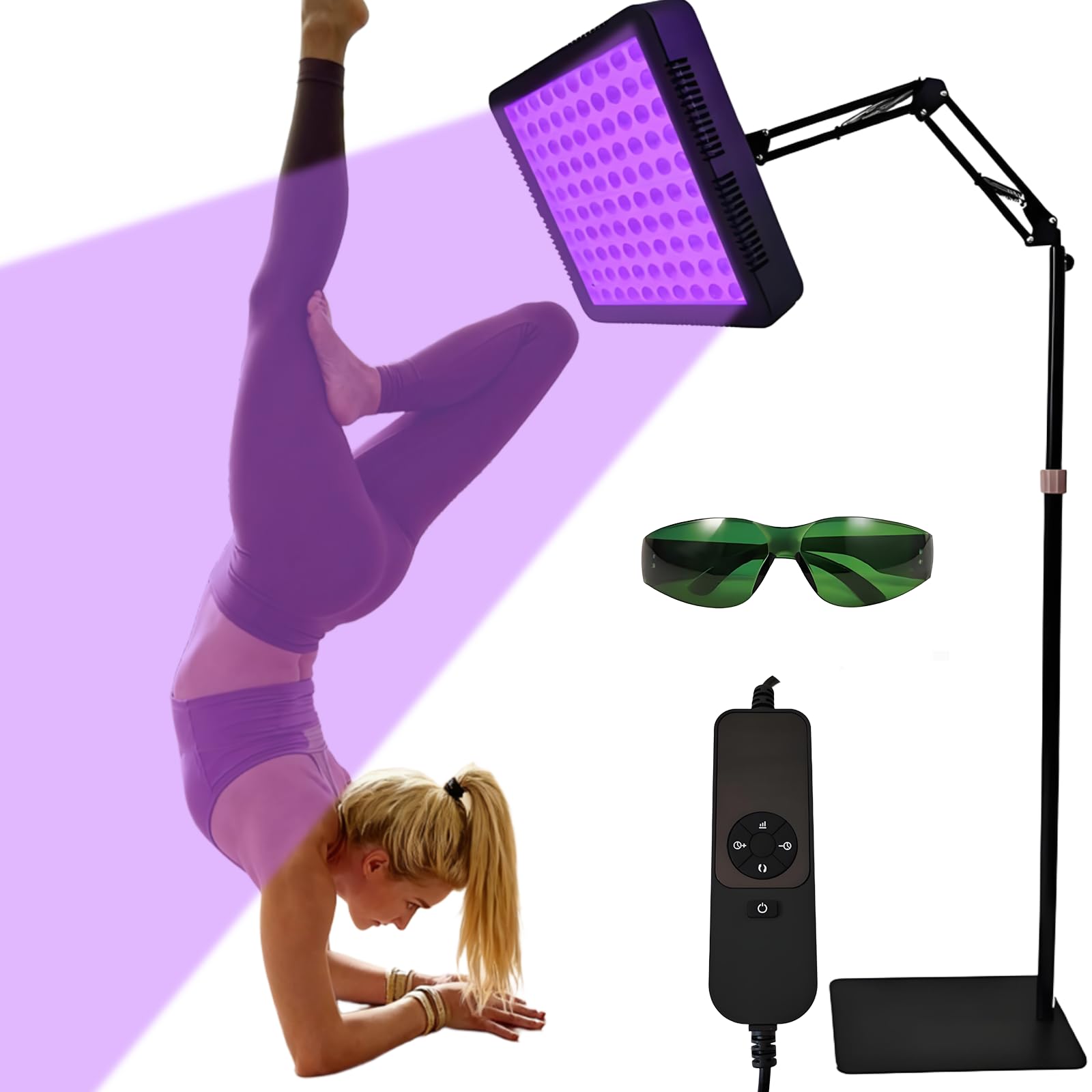 Lámpara de bronceado, solarium de 100 LED para uso doméstico, lámpara solar de luz púrpura de 395 nm, dispositivo de autobronceado para cara y cuerpo con cabezal giratorio de 360° y soporte de ángulo