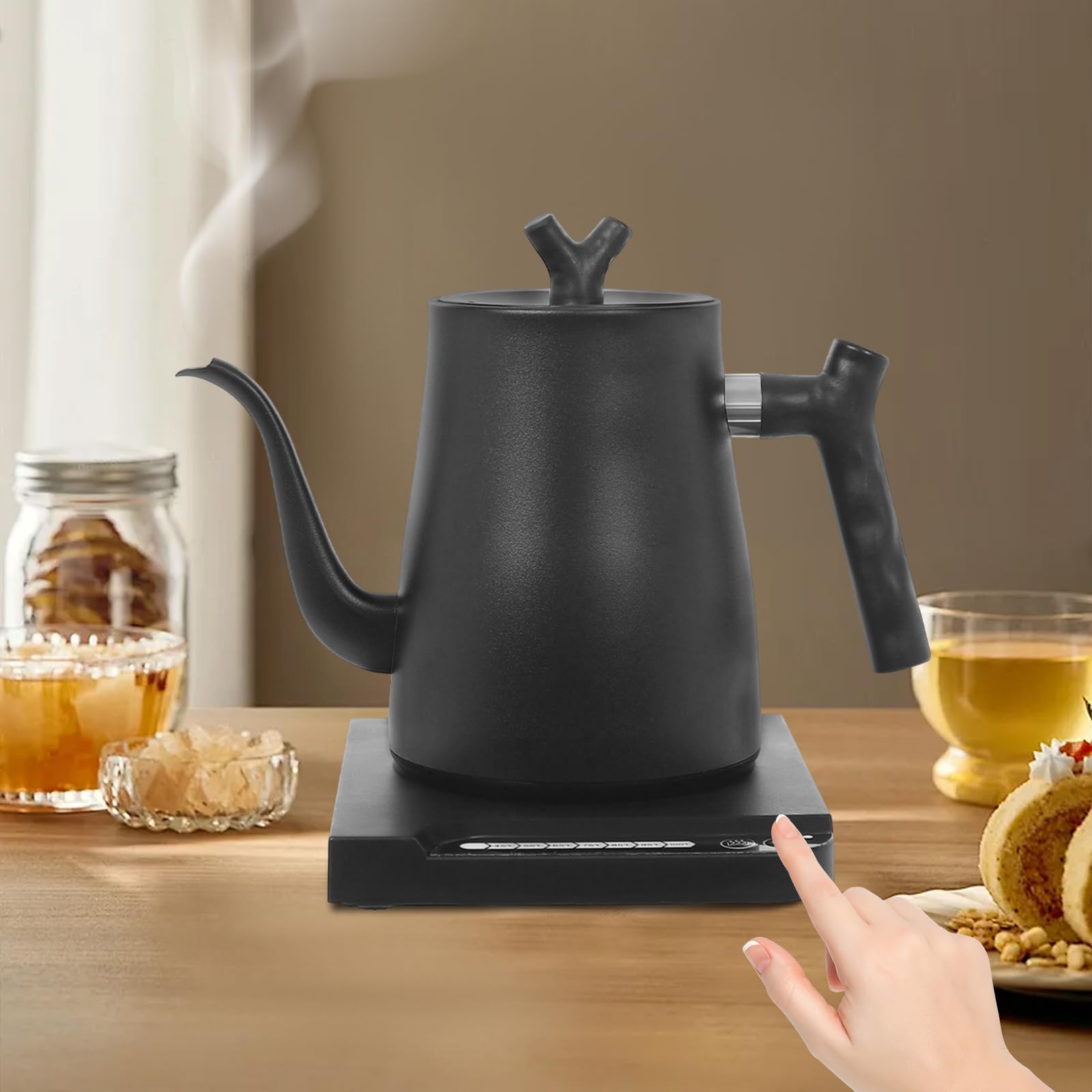Hervidor de agua de acero inoxidable, 1 L, 7 niveles de temperatura y función de soporte, jarra eléctrica con cuello de ganso, caño para café y té, 1000 W