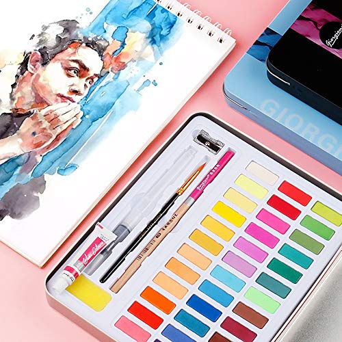 Entweg Conjunto de Aquarelas Sólidas, 48 Cores - com Pincel de Água, Lápis, Esponja, Papel