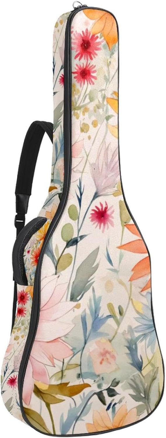 Acoustic Guitar Gig Bag 1 cm Thick Padding, Waterproof Electric Guitar Bag 40-42 Inch Guitar Case Backpack with Dual Shoulder Strap, Seamless Watercolor Floral Flowers