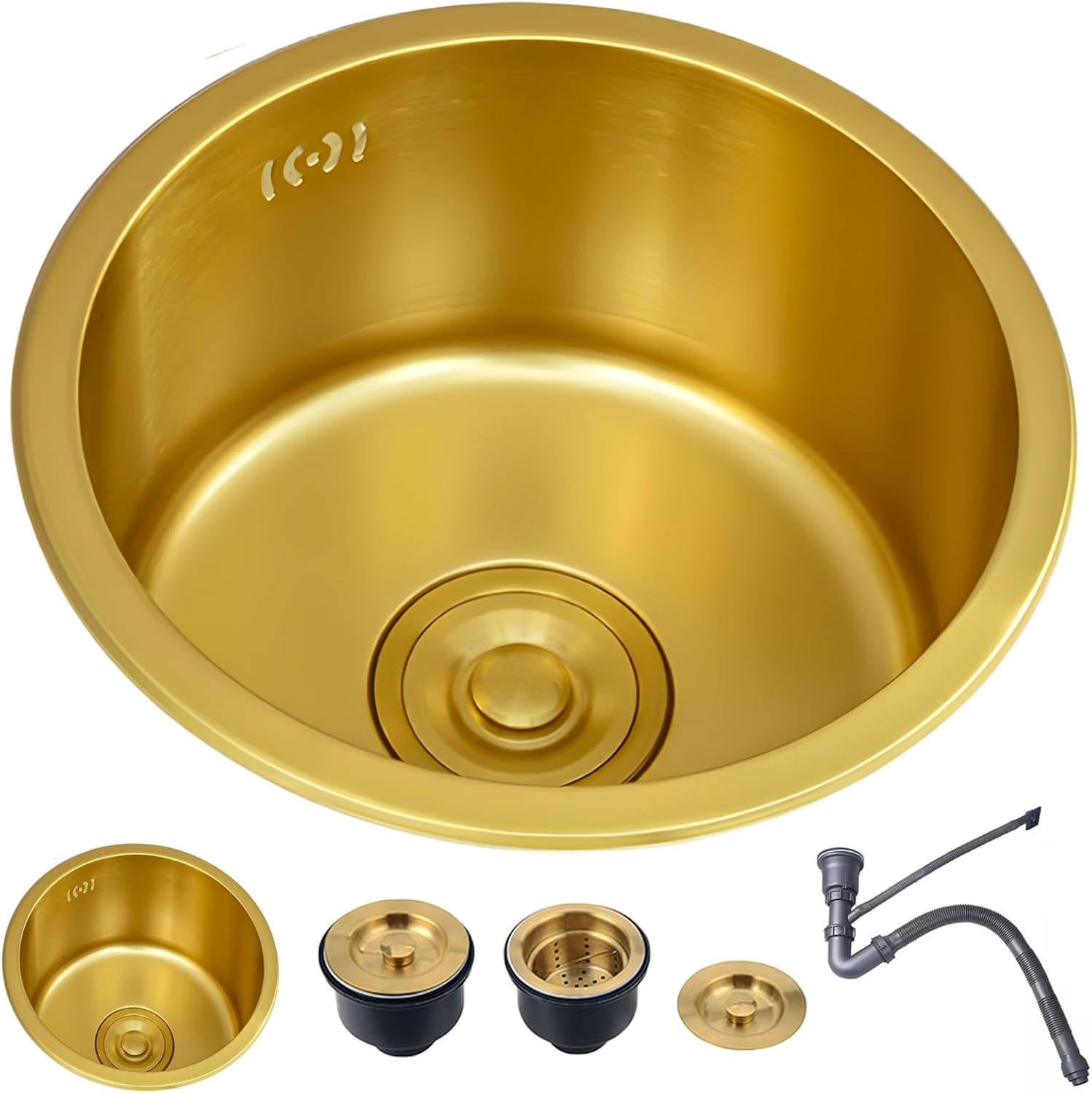 32cm Gold Stainless Steel Bar Sink,36cm Round Small Space Prep Sink,40cm Silent Soundproofed Single Bowl RV Sink,for Kitchen, Camping(Golda 40x40x21cm)