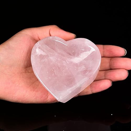 Miniatura 4 de JIC Gem Cuenco de piedra de cuarzo rosa natural con forma de corazón, cuenco decorativo de cristal curativo, bandeja de joyería, decoración