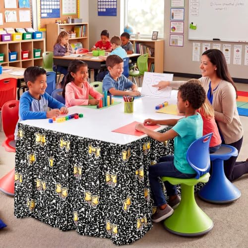 Image of Oudain 9 ft Black and White Composition Book Table Skirt Cloths for Teacher Desk Wrinkle Composition Book Table Cover Skirt for Kindergarten Classroom Kidney Shaped Desk Back to School Supplies