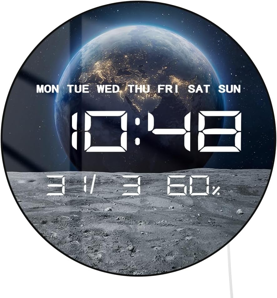 12 Inch Moon and Earth LED Digital Wall Clock Large Display, Planet Space Decor Electric Wall Clock Smart-Brightness, 12/24hr Format, Temperature, Plug in LED for Bedroom Kitchen Living Room