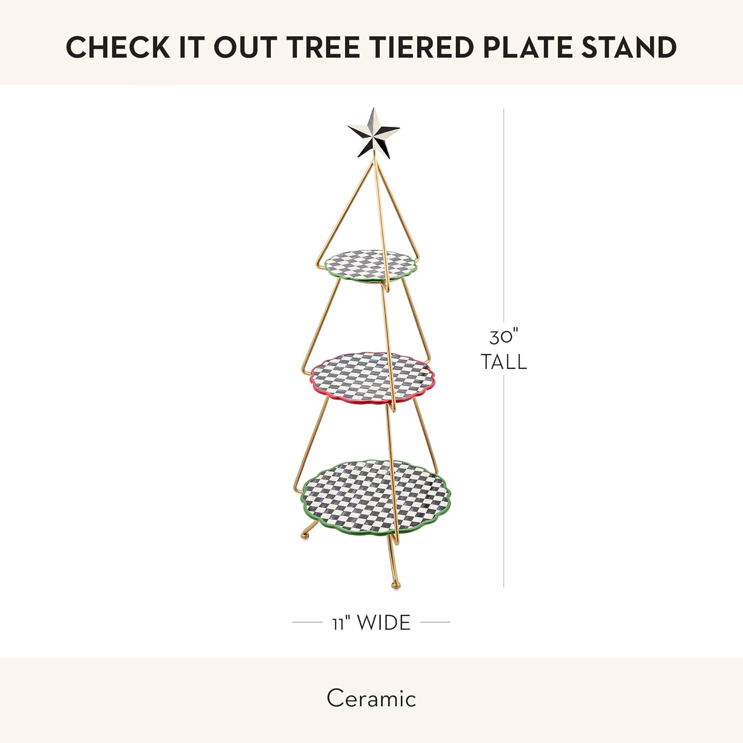 MACKENZIE-CHILDS Ceramic Tiered Plate Stand, Three-Tiered Serving Tray, Party Food Display, Check It Out Tree