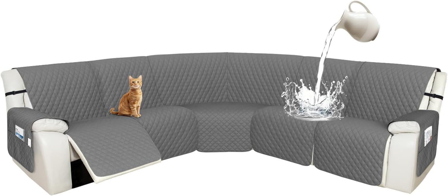 Arfntevss Recliner Sectional Couch Covers 1OO% Waterproof L Shape Sofa Cover for Reclining L Shaped Sectional Slipcover Set Dog Washable Corner Non Slip Furniture Protector (XL 5 Seater, Dark Gray)