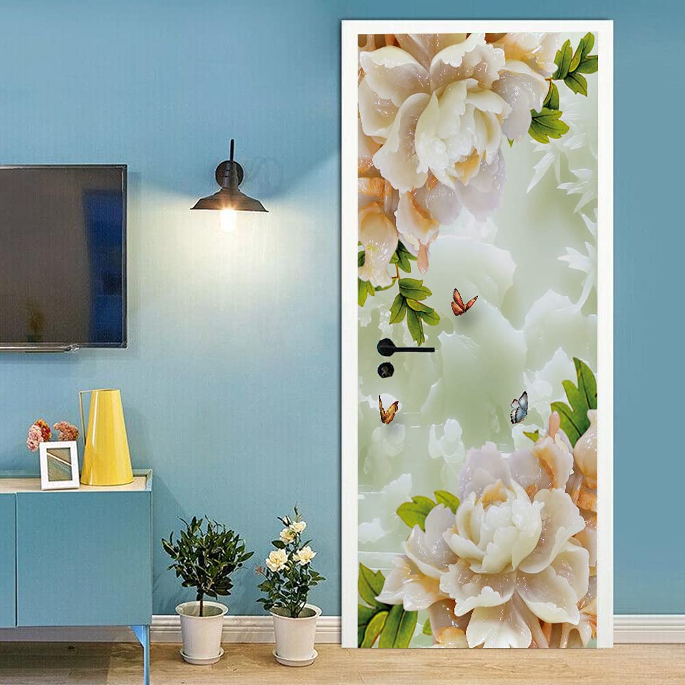 Sticker Porte Fleur Papillon 3D pour Décoration Autocollant De Porte Chambre Salon Cuisine Salle De Bain Papier Peint Imperméable Amovible Muraux L77 x H200cm